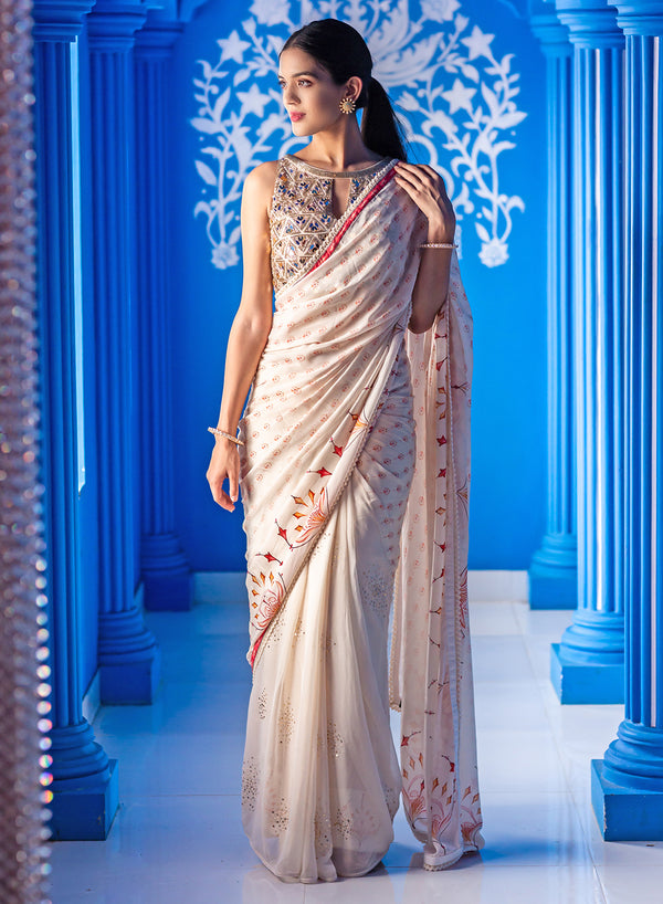 Aaryaa - Ivory Printed Saree With Embroidered Blouse AW 19-06