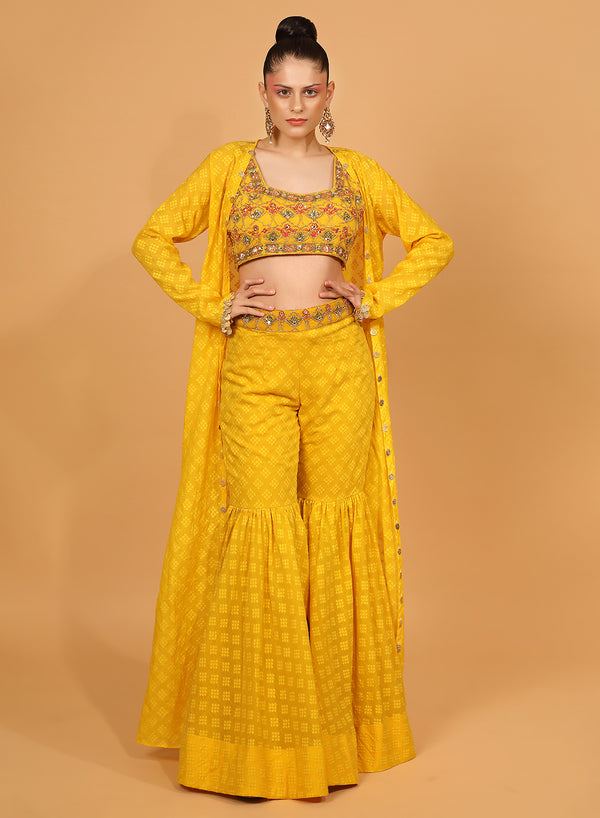 Neha Khullar - Yellow Self Chanderi Gharara Set With Cape And Blouse NK41016
