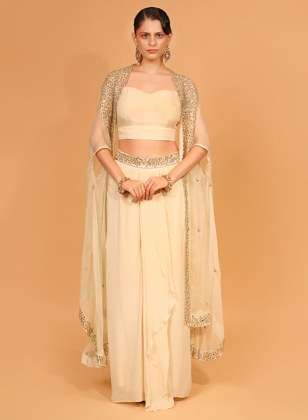Neha Khullar - Ivory Organza Cape With Crepe Dhoti Set With Cape NK41018