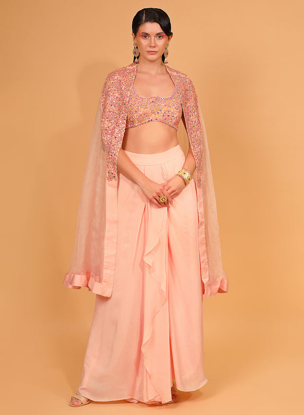Neha Khullar - Peach Organza Cape With Crepe Dhoti Set With Cape NK41019