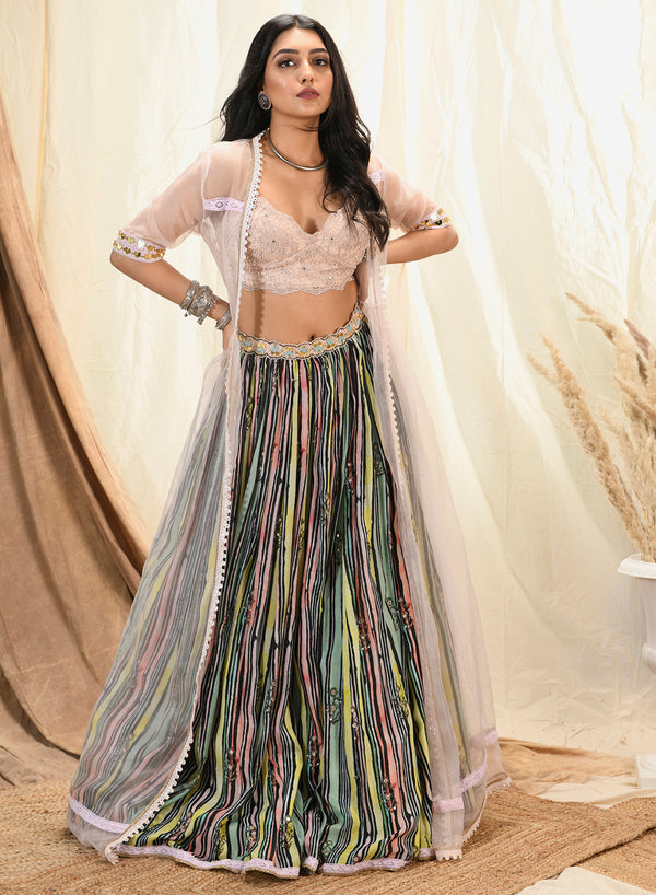 Aaryaa - Lace Bustier With Cape And Striped Printed Lehenga SS 22-08