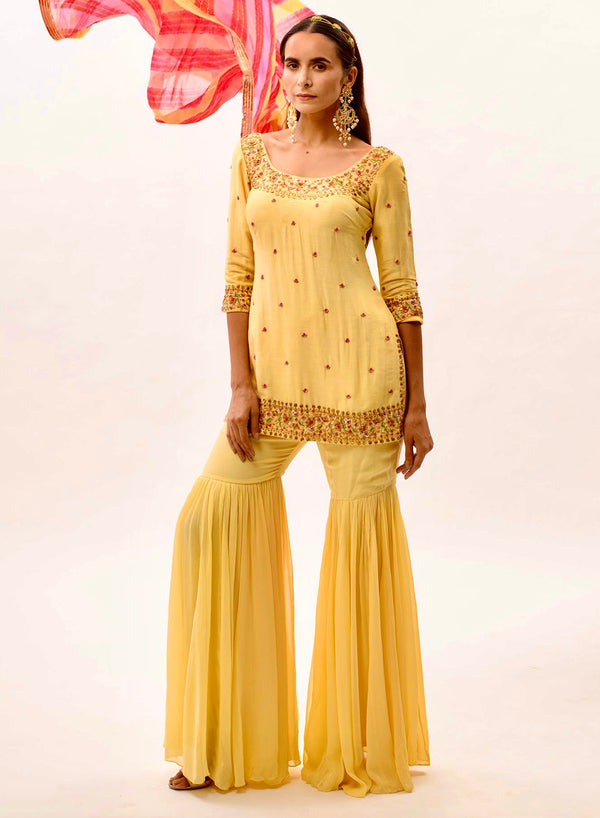 Aarti - Yellow Hand Embroidered Silk Sharara Set AS1138