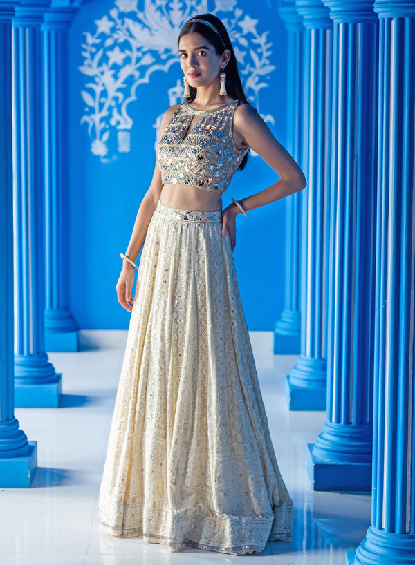 Aaryaa - Ivory Lucknowi Lehenga With Heart Embroidered Blouse AW-19-05