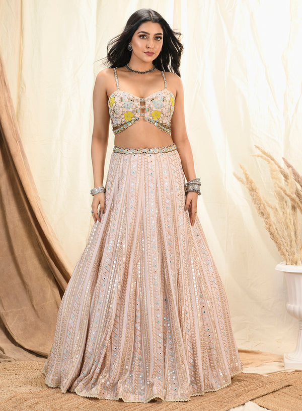 Aaryaa - Pastel Mirror And Sequin Embroidered Lehenga And Strappy Blouse Set SS 22-04