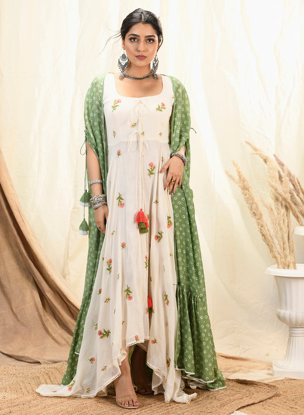 Aaryaa - Floral Embroidered Asymmetrical Kurta/Dress With Bandhni Cape SS 22-10
