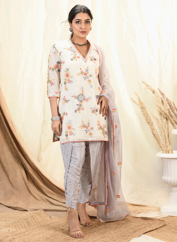 Aaryaa - Floral Mirror And Thread Embroidered Kurta/Dhotii Set SS 22-12