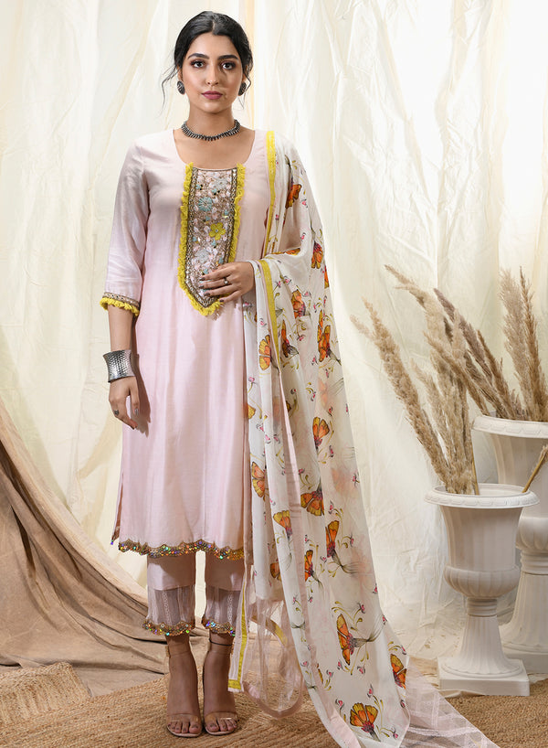 Aaryaa - Blush Pink Chanderi Kurta Set With Pastel Embroidery SS 22-14