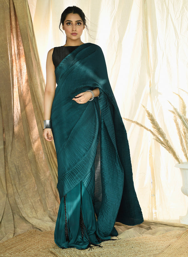 Aaryaa - Teal Pleated Fringe Saree With Pleated Embroidered Blouse SS 22-21
