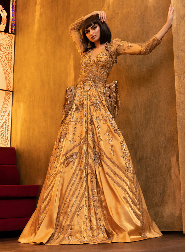 Haneet Singh - Metallic Gold Structured Flared Gown 4