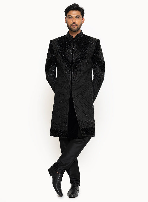 Sache - Velvet Sherwani with Beadwork SCSH5-Black