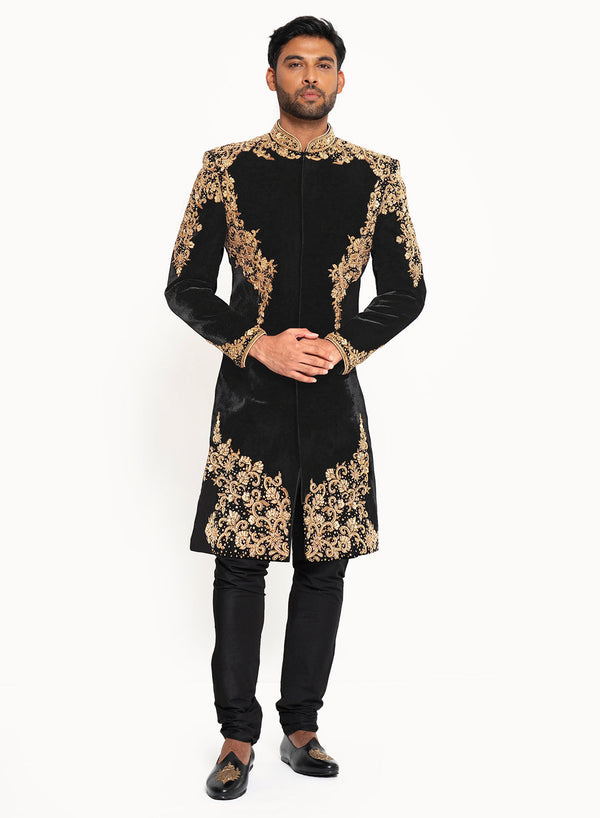 Sache - Velvet Sherwani with Gold SCSH2-Black
